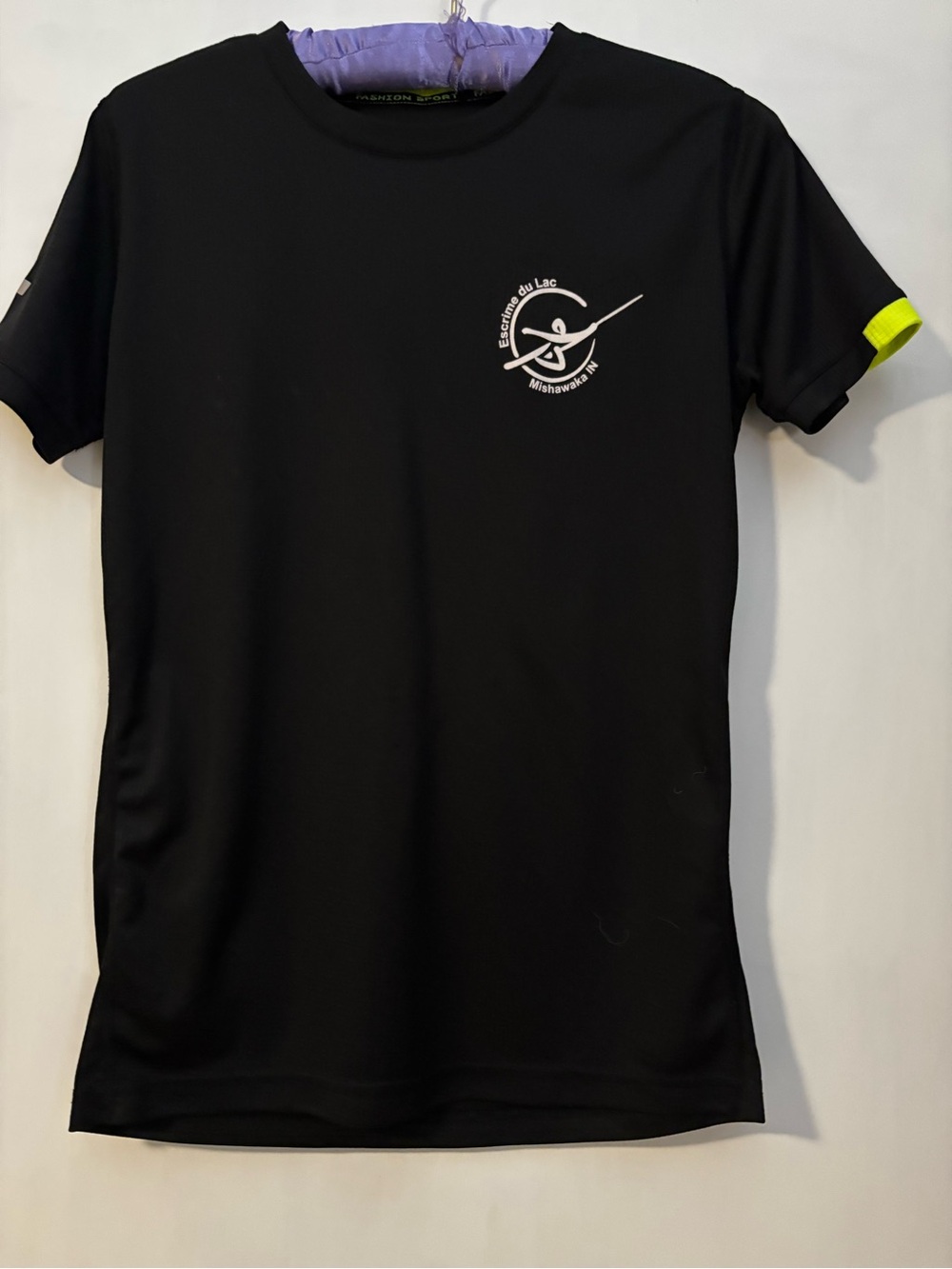 Fencing Club Black Crew Neck Tee with Small White Logo and Neon Yellow Accent